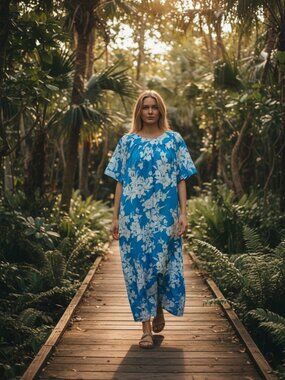 Vintage Hawaiian Fashions By Loke Womens Floral Maxi Dress Size Medium Blue Mumu